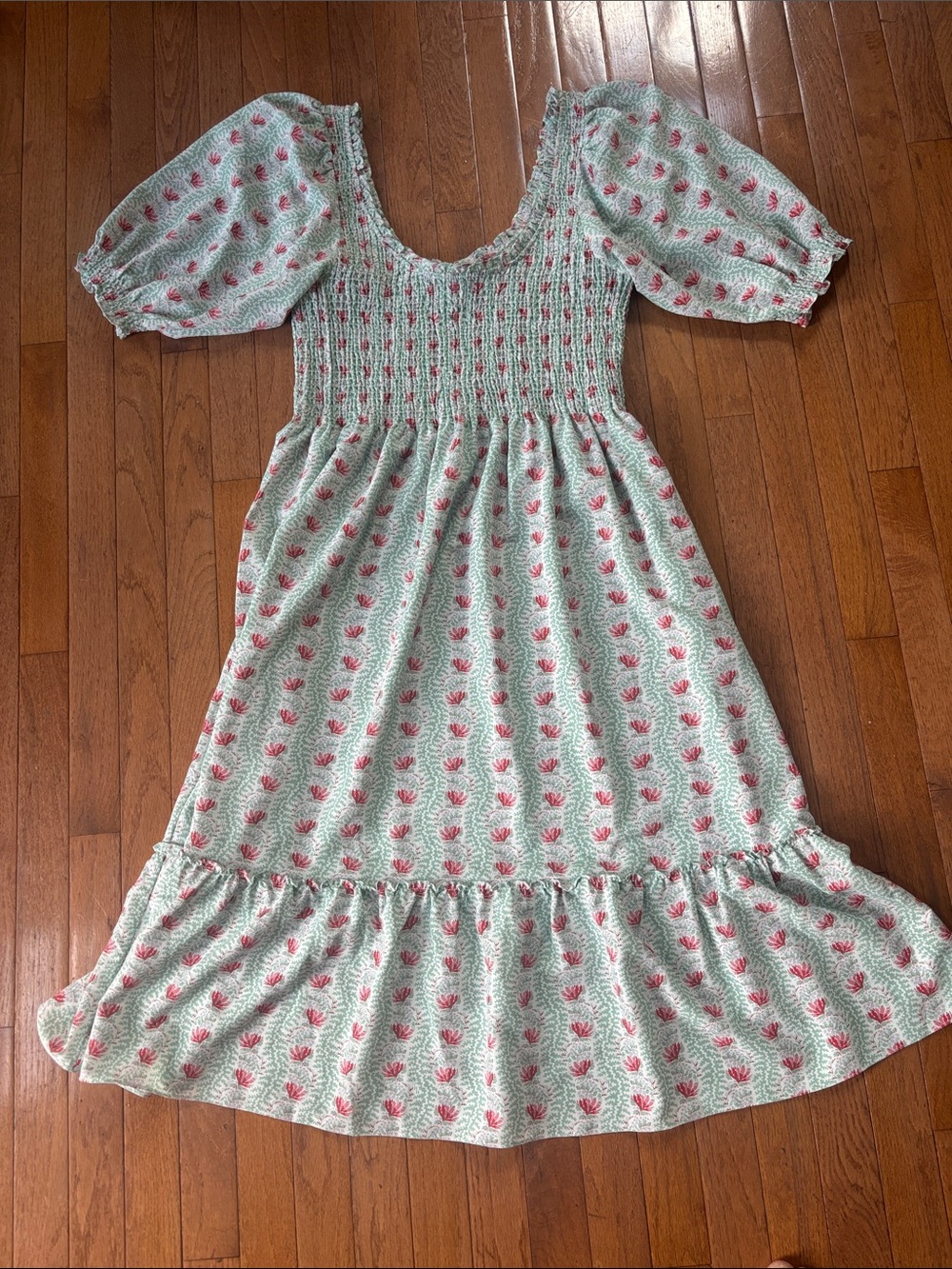 Hill House The Nap Dress Floral Mint Midi Dress with Pink Print